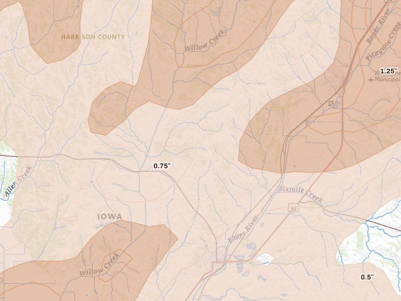 Radar-estimated hail-size map of the storm over Logan, IA on Apr 23, 2026