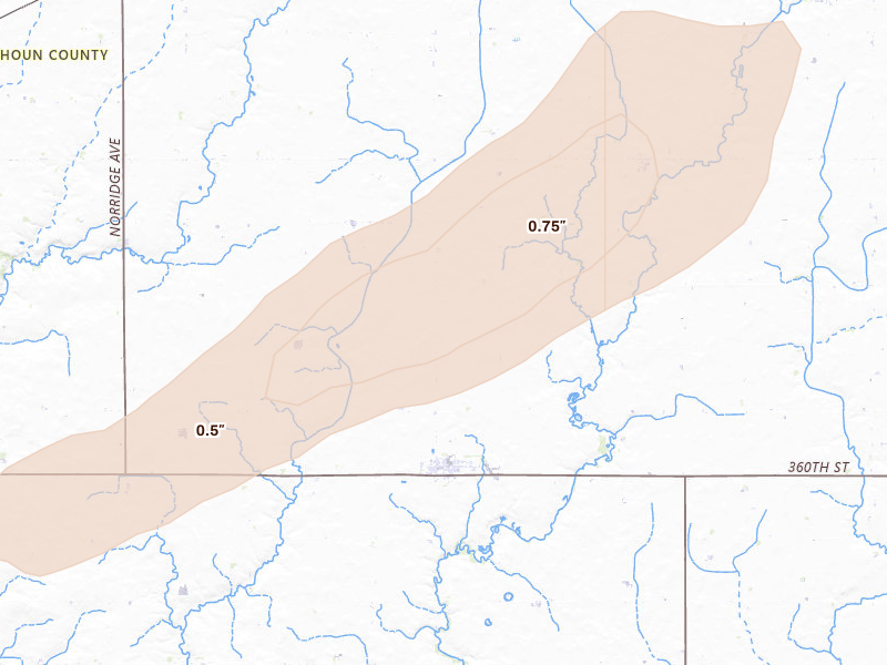 Radar-estimated hail-size map of the storm over Lohrville, IA on Jul 2, 2026