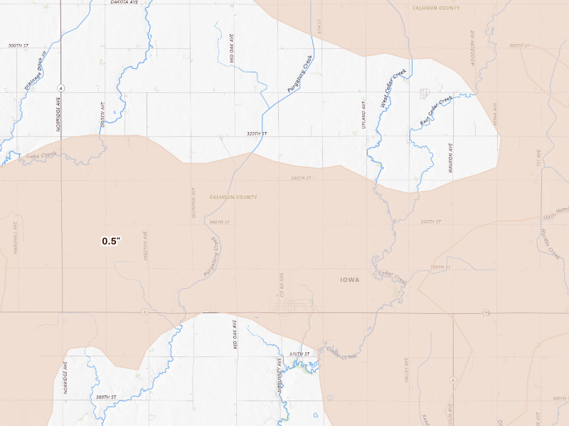 Radar-estimated hail-size map of the storm over Lohrville, IA on Oct 8, 2026