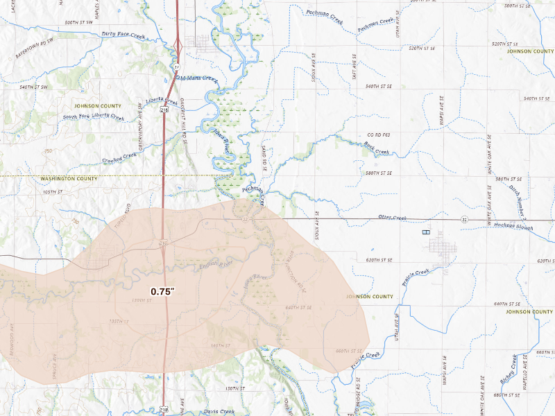 Radar-estimated hail-size map of the storm over Lone Tree, IA on Sep 16, 2026