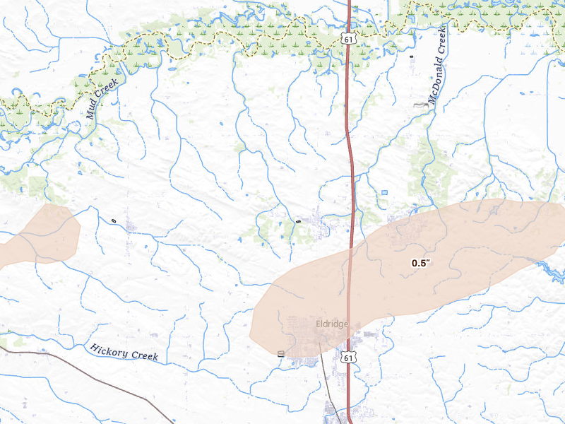 Radar-estimated hail-size map of the storm over Long Grove, IA on Mar 10, 2026