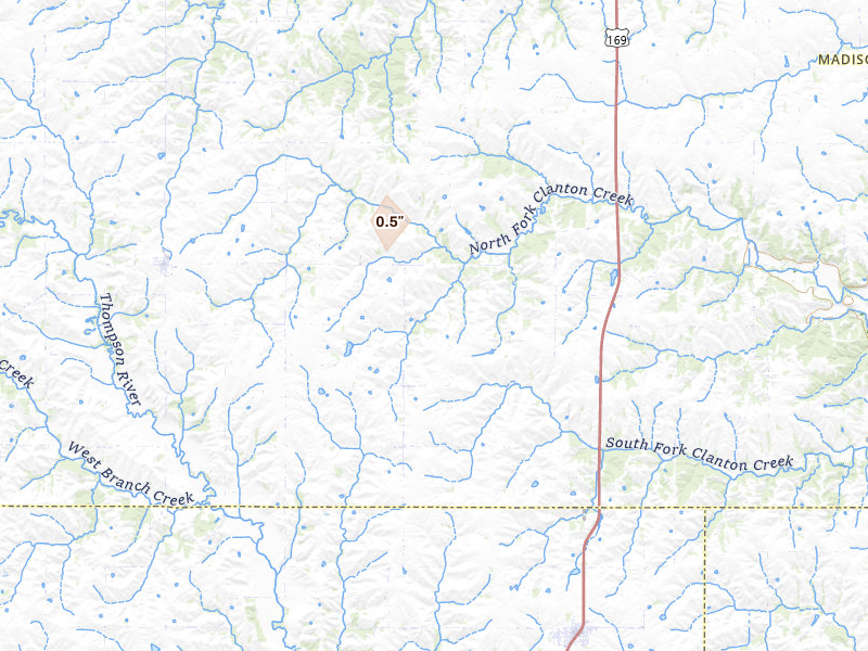 Radar-estimated hail-size map of the storm over Lorimor, IA on May 15, 2026