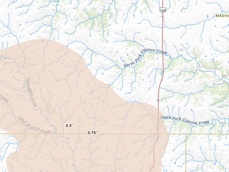 Radar-estimated hail-size map of the storm over Lorimor, IA on Jun 5, 2026