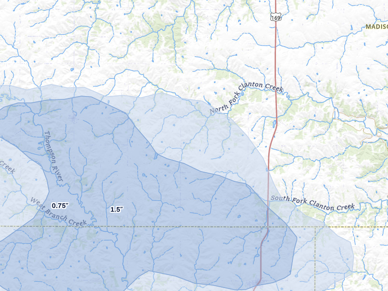 NEXRAD radar-signature map of the hail storm over Lorimor, IA on Jun 5, 2026