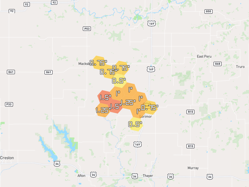 Hail map of Lorimor, IA on Jun 6, 2026, hail up to 1.5"