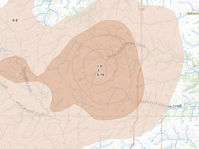Radar-estimated hail-size map of the storm over Lorimor, IA on Jun 10, 2026