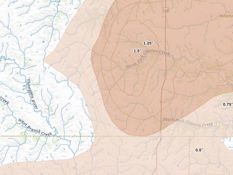 Radar-estimated hail-size map of the storm over Lorimor, IA on Jun 11, 2026