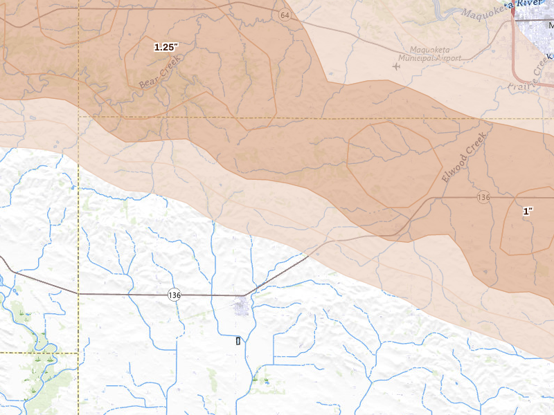 Radar-estimated hail-size map of the storm over Lost Nation, IA on Jun 28, 2026