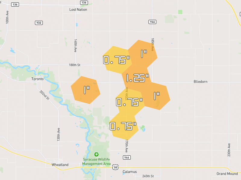 Hail map of Lost Nation, IA on Jul 3, 2026, hail up to 1.25"