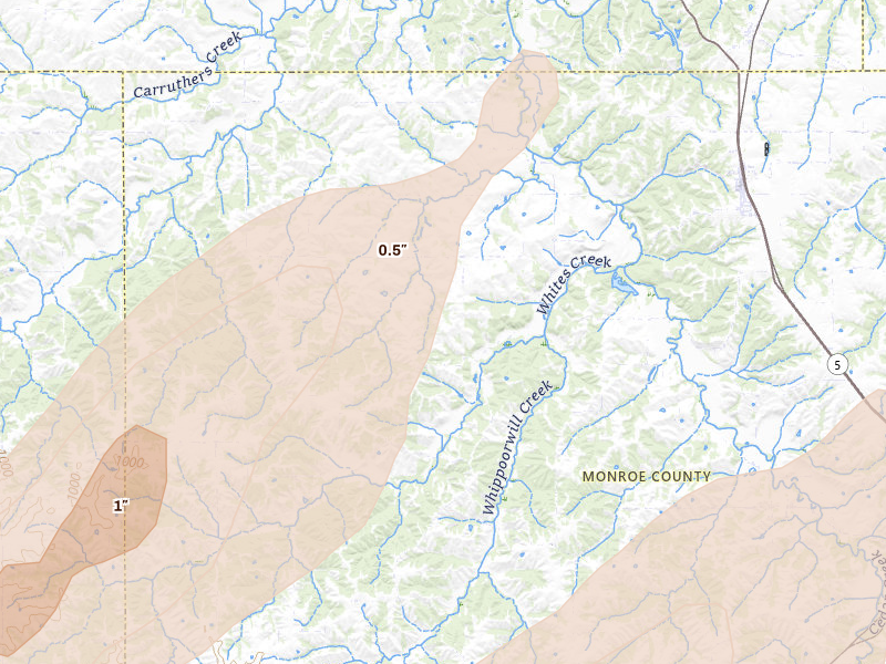 Radar-estimated hail-size map of the storm over Lovilia, IA on Apr 17, 2026