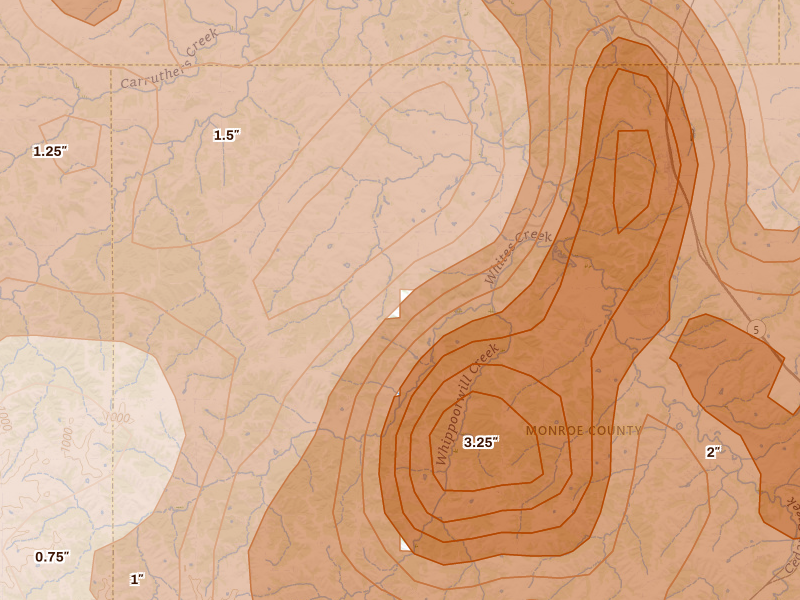 Radar-estimated hail-size map of the storm over Lovilia, IA on Jun 11, 2026