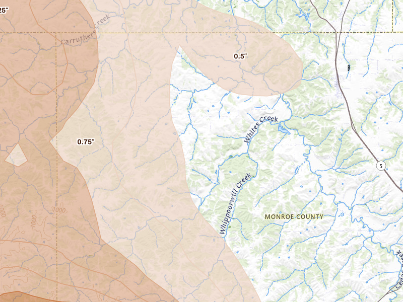 Radar-estimated hail-size map of the storm over Lovilia, IA on Jul 20, 2026