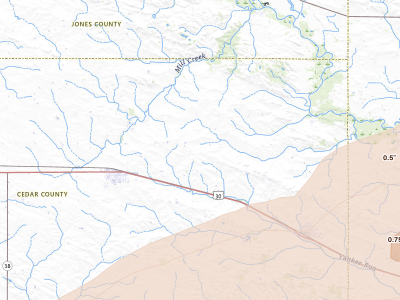 Radar-estimated hail-size map of the storm over Lowden, IA on Apr 2, 2026