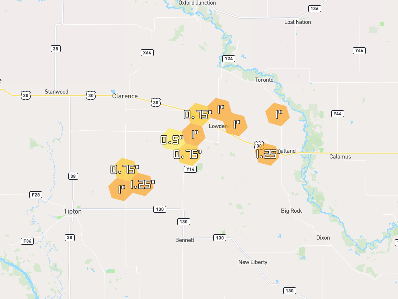 Hail map of Lowden, IA on Jul 4, 2026, hail up to 1.25"