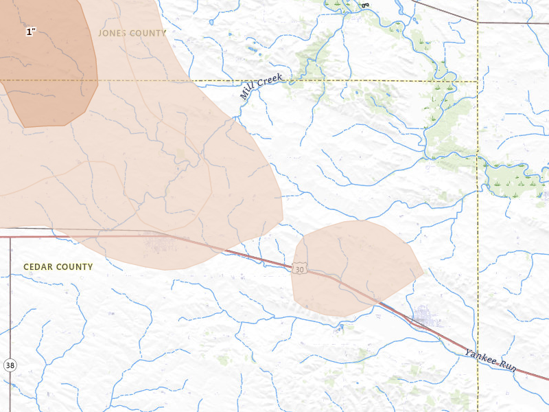 Radar-estimated hail-size map of the storm over Lowden, IA on Aug 7, 2026