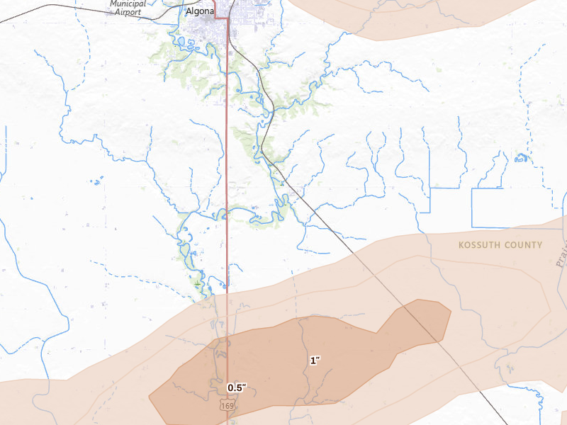 Radar-estimated hail-size map of the storm over Lu Verne, IA on May 15, 2026