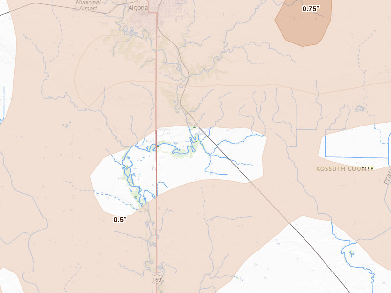 Radar-estimated hail-size map of the storm over Lu Verne, IA on Jun 28, 2026