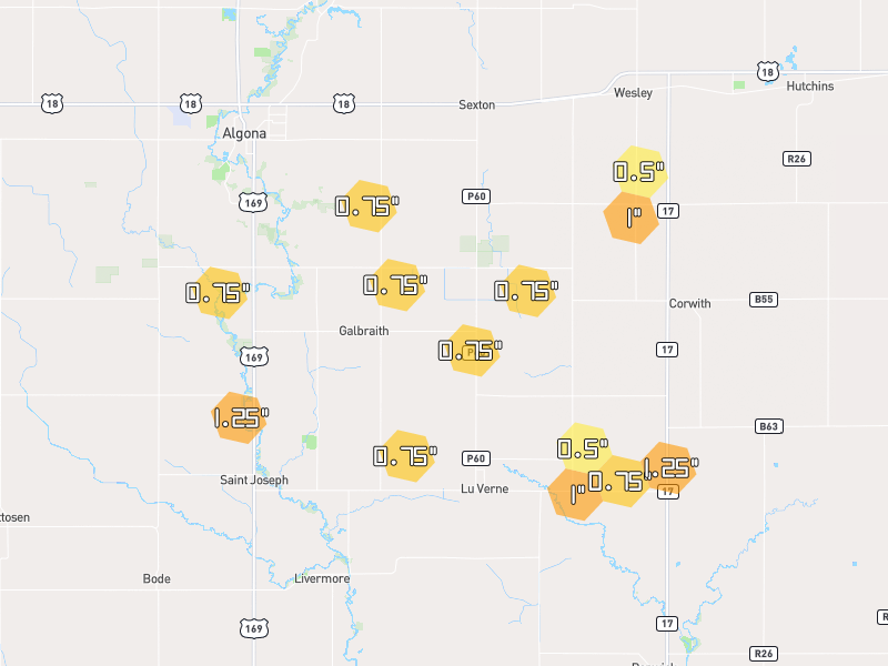 Hail map of Lu Verne, IA on Jun 28, 2026, hail up to 1.25"