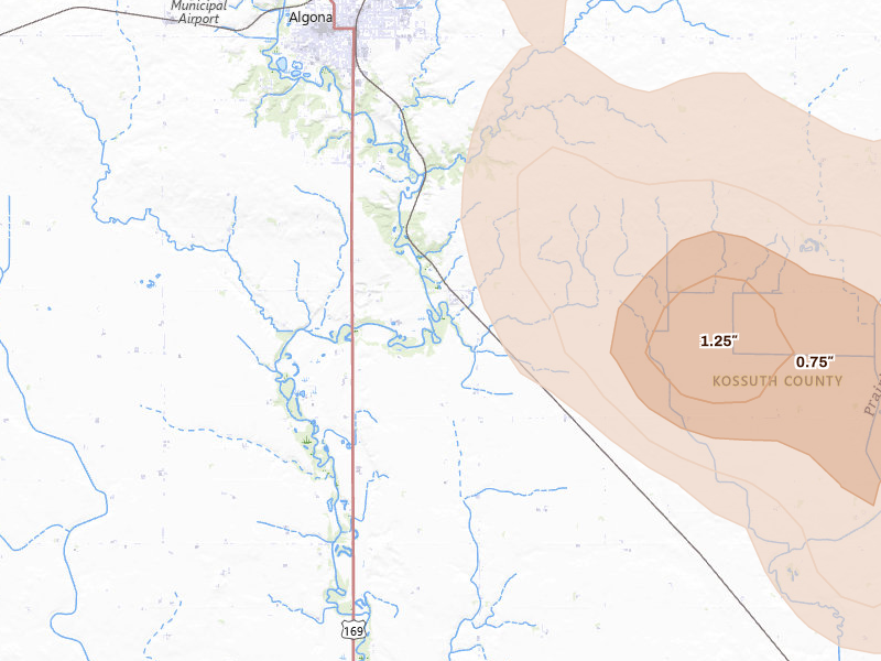 Radar-estimated hail-size map of the storm over Lu Verne, IA on Jul 20, 2026