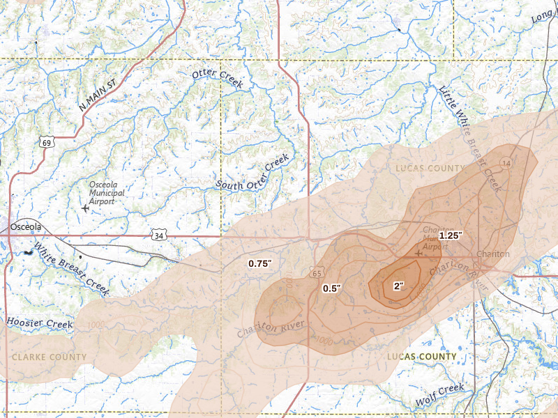Radar-estimated hail-size map of the storm over Lucas, IA