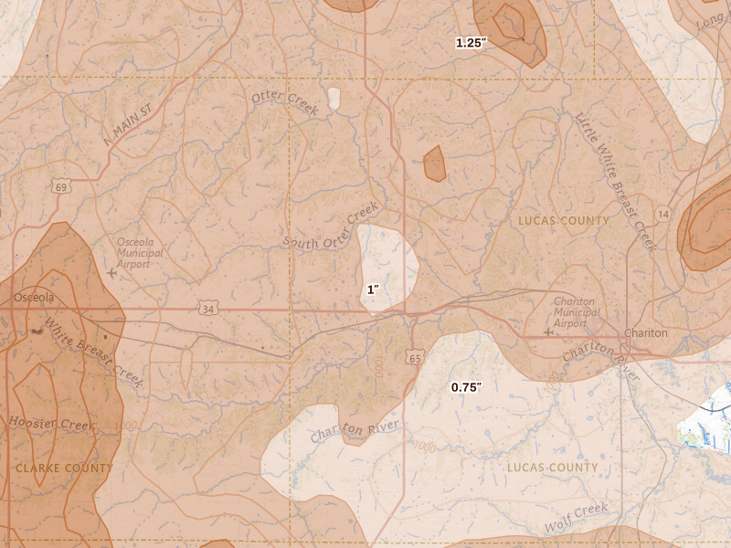 Radar-estimated hail-size map of the storm over Lucas, IA on Jun 11, 2026