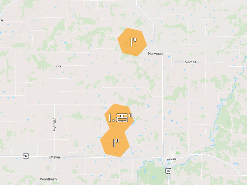 Hail map of Lucas, IA on Jul 4, 2026, hail up to 1.25"
