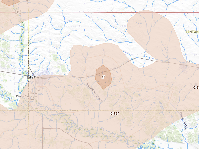 Radar-estimated hail-size map of the storm over Luzerne, IA on Apr 14, 2026
