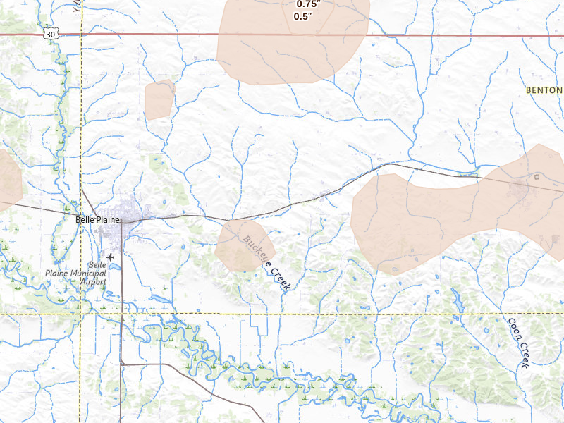 Radar-estimated hail-size map of the storm over Luzerne, IA on Apr 15, 2026