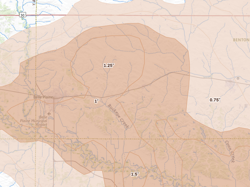 Radar-estimated hail-size map of the storm over Luzerne, IA on Aug 11, 2026