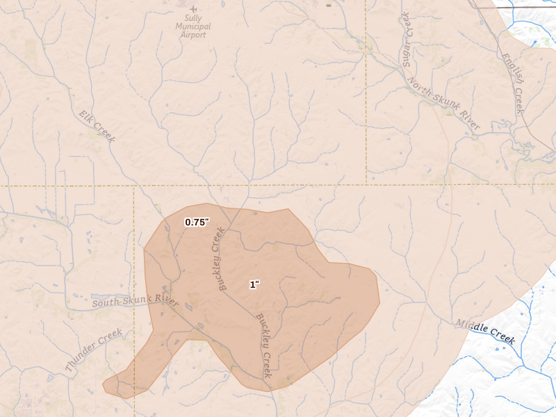 Radar-estimated hail-size map of the storm over Lynnville, IA on Jun 16, 2026