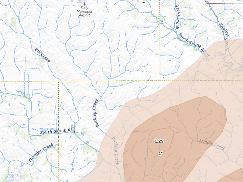 Radar-estimated hail-size map of the storm over Lynnville, IA on Jun 17, 2026