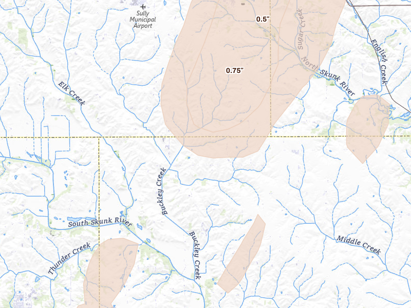 Radar-estimated hail-size map of the storm over Lynnville, IA on Jul 3, 2026
