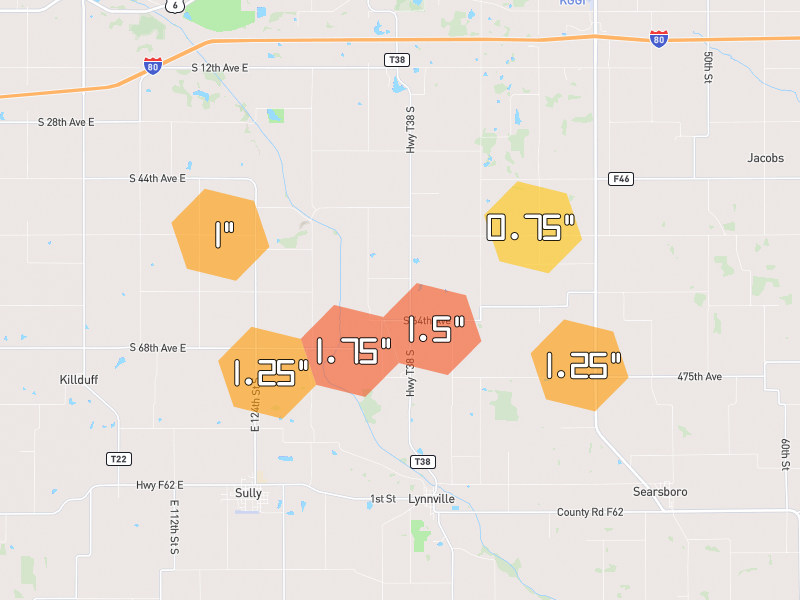 Hail map of Lynnville, IA on Jul 4, 2026, hail up to 1.75"