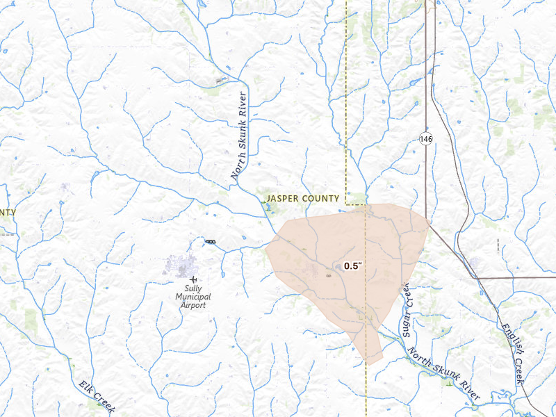 Radar-estimated hail-size map of the storm over Lynnville, IA on Aug 13, 2026
