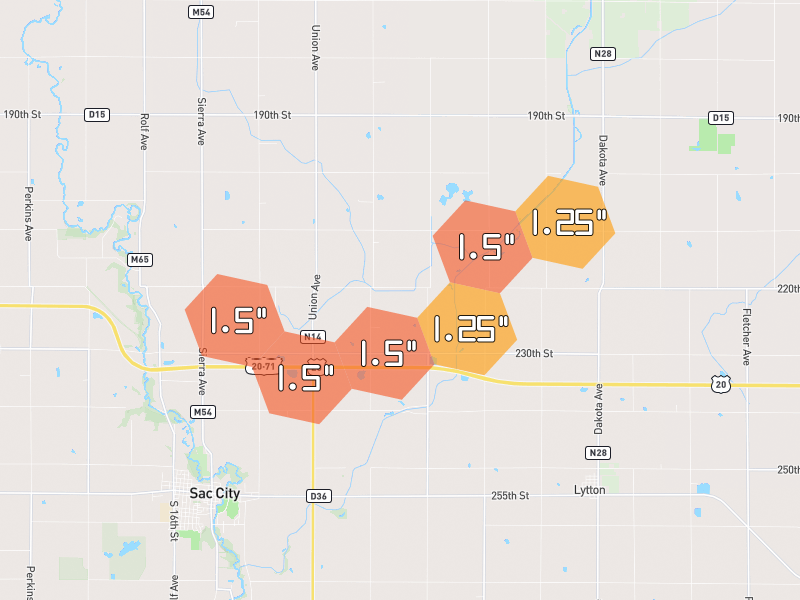 Hail map of Lytton, IA on Jun 28, 2026, hail up to 1.5"