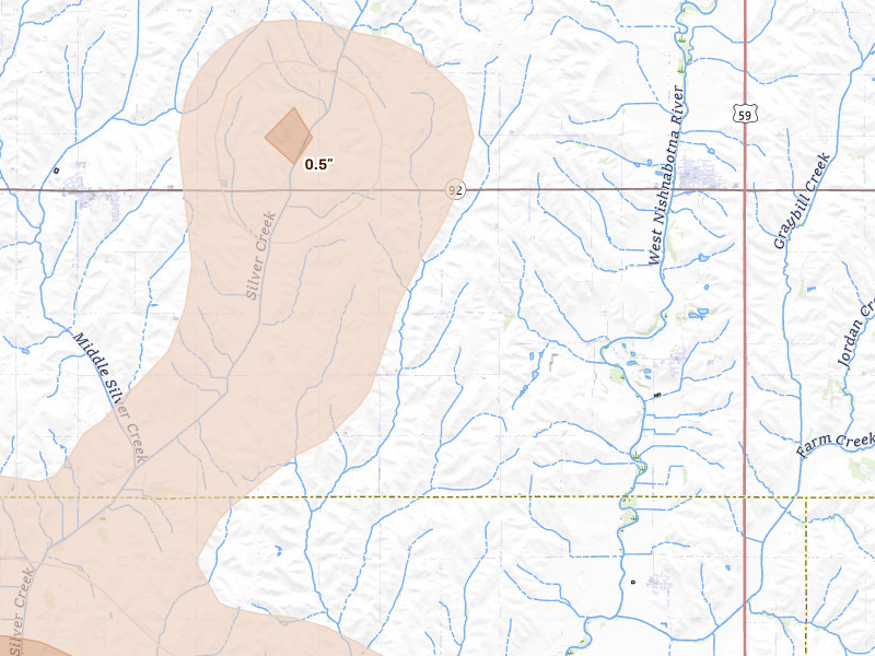 Radar-estimated hail-size map of the storm over Macedonia, IA on Jun 5, 2026