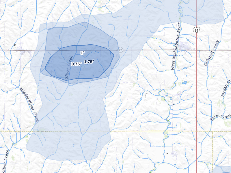 NEXRAD radar-signature map of the hail storm over Macedonia, IA on Jun 5, 2026