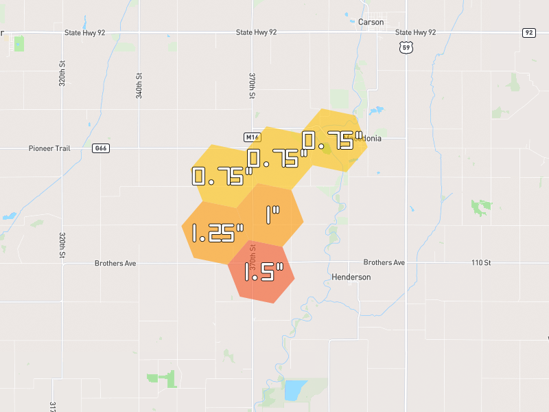 Hail map of Macedonia, IA on Jul 1, 2026, hail up to 1.5"