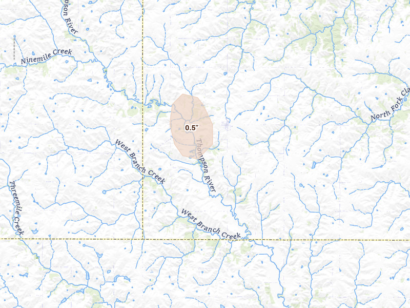 Radar-estimated hail-size map of the storm over Macksburg, IA on May 30, 2026