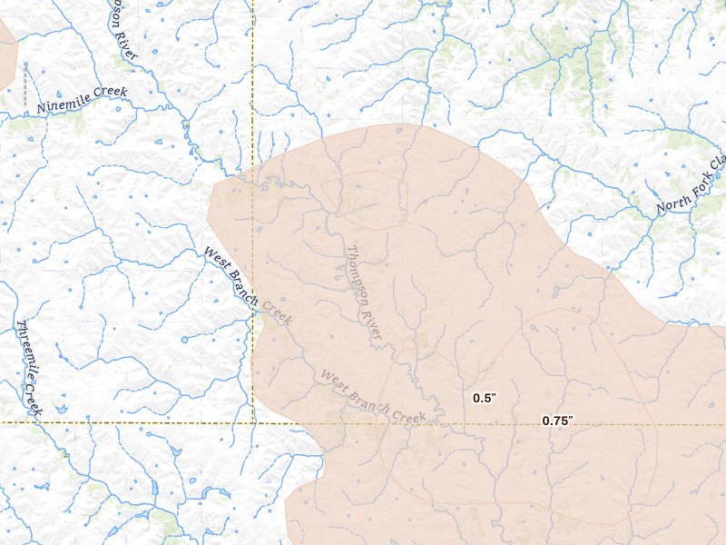 Radar-estimated hail-size map of the storm over Macksburg, IA on Jun 5, 2026