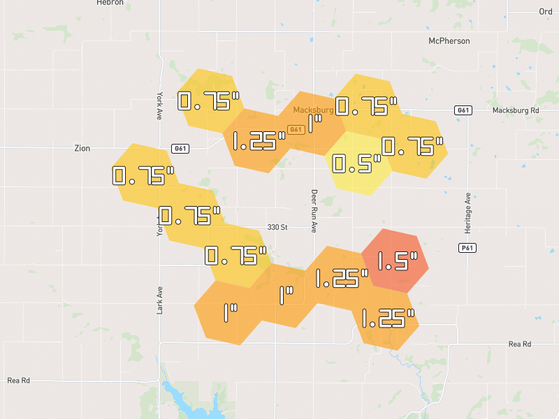 Hail map of Macksburg, IA on Jun 6, 2026, hail up to 1.5"