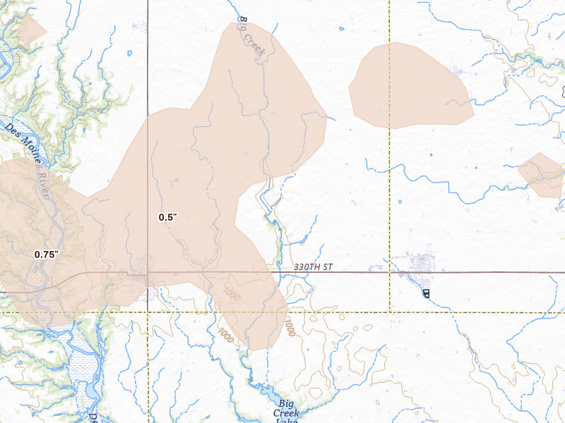 Radar-estimated hail-size map of the storm over Madrid, IA on Apr 23, 2026