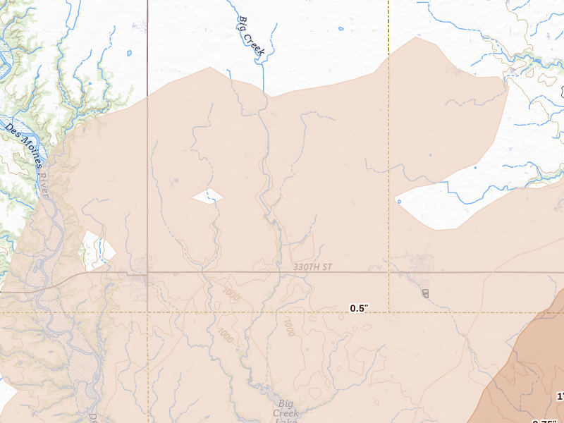 Radar-estimated hail-size map of the storm over Madrid, IA on Jul 2, 2026