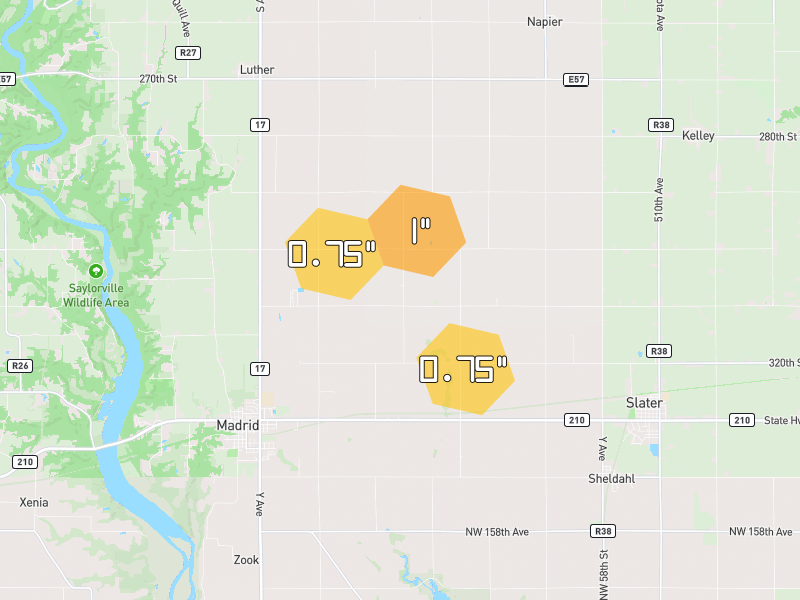 Hail map of Madrid, IA on Jul 2, 2026, hail up to 1"
