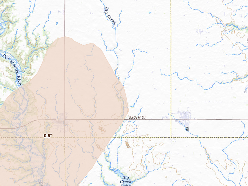 Radar-estimated hail-size map of the storm over Madrid, IA on Jul 3, 2026