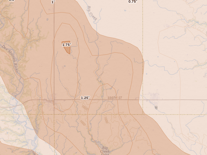 Radar-estimated hail-size map of the storm over Madrid, IA on Jul 20, 2026