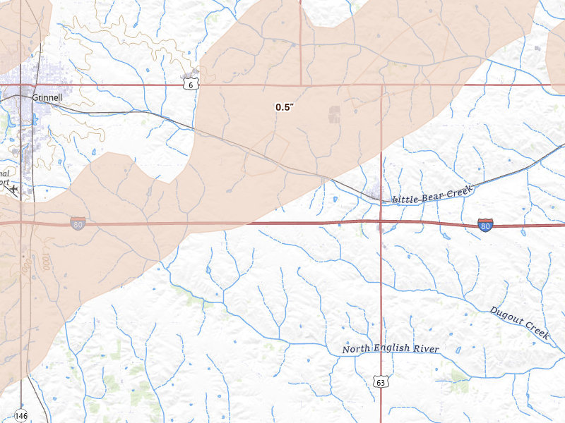Radar-estimated hail-size map of the storm over Malcom, IA on Apr 14, 2026