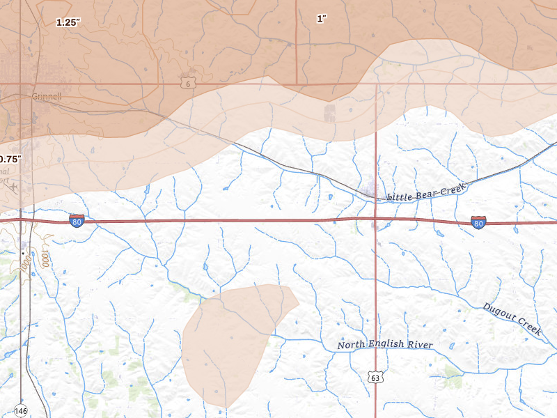 Radar-estimated hail-size map of the storm over Malcom, IA on Apr 17, 2026