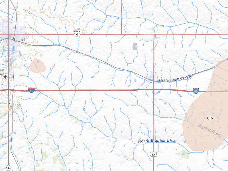 Radar-estimated hail-size map of the storm over Malcom, IA on Jul 3, 2026