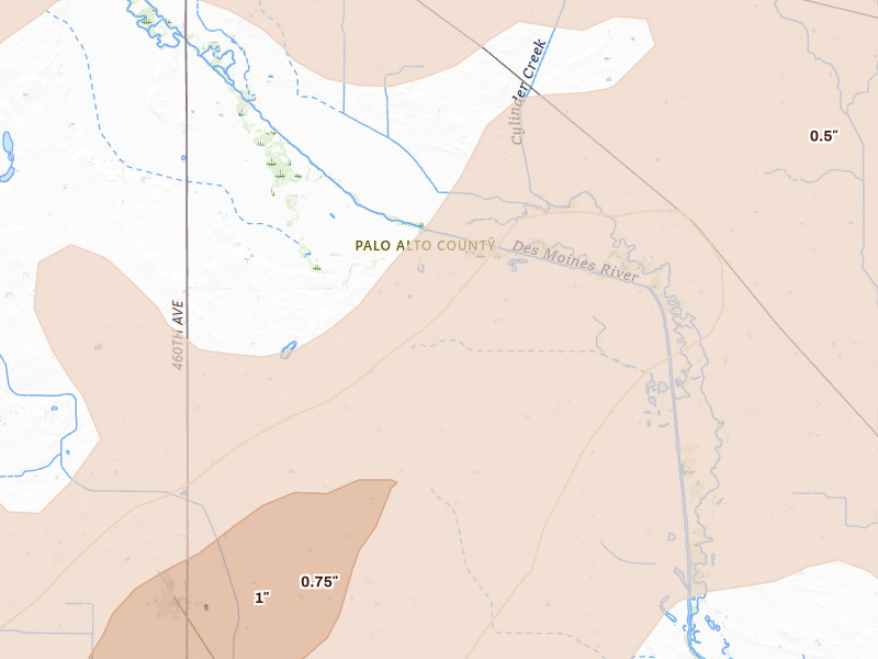 Radar-estimated hail-size map of the storm over Mallard, IA on Jun 28, 2026
